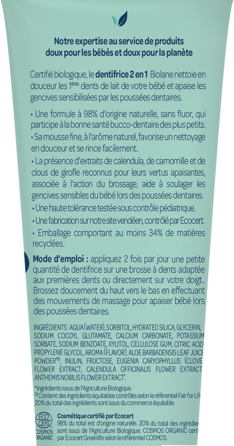 Dentifrice 1ères dents 2 en 1 certifié biologique3