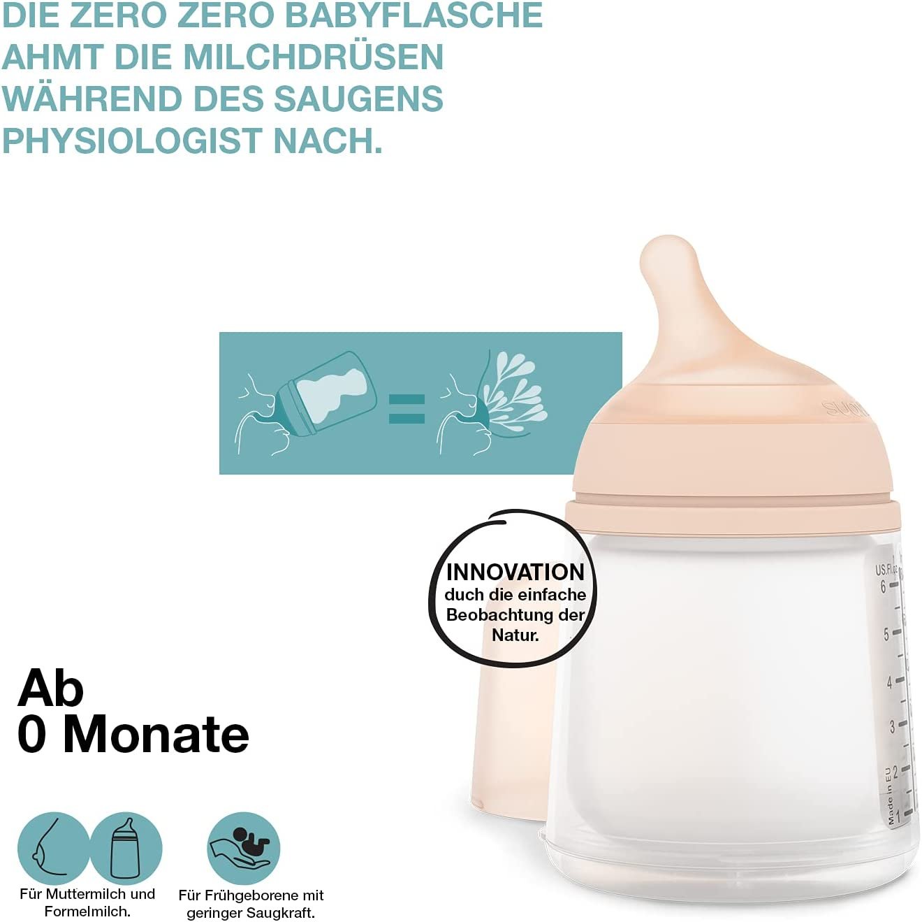 Suavinex Biberon Zero-Zero Anti-coliques Tétine Allaitement Maternel Flux Adaptable 180 ml 0 M+1